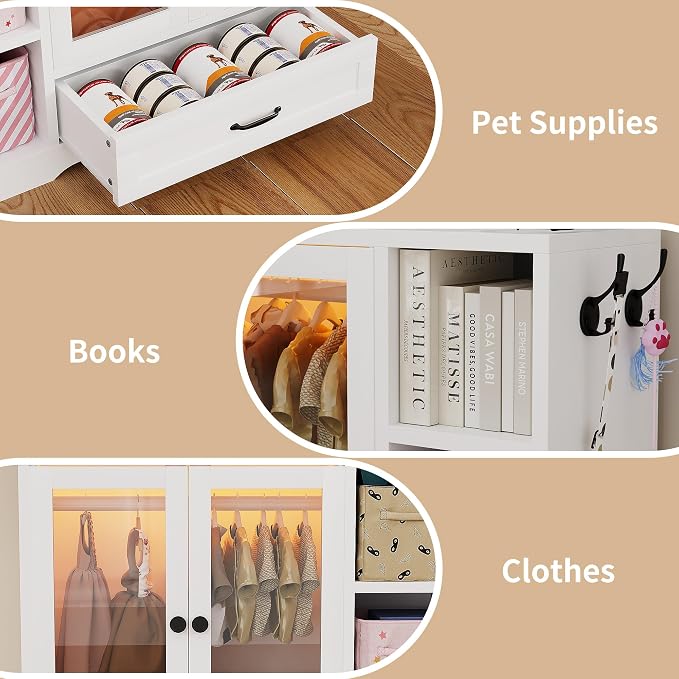kepptory Large Pet Wardrobe Closet with LED Light, 3 Tiers Storage Shelves & Drawer, White Pet Clothes Organizer Cabinet with Hanging Rod, Multi-Functional Pet Closet for Dogs & Cats Clothing, Toys