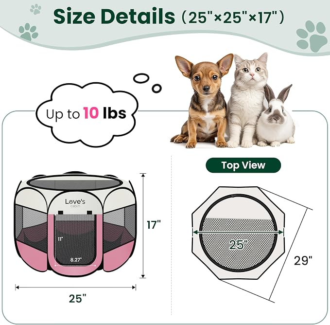 Love's cabin Pet Puppy Dog Playpen, Small Dog Tent Crates Cage Indoor/Outdoor, Portable Playpen for Cat, Foldable Pop Up Dog Kennel Playpen with Carring Case, Removable Zipper Top, Light Pink