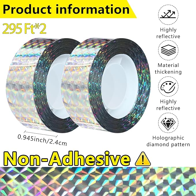 Bird Scare Reflective Tape, 295 Feet (2 Rolls), Double-Sided Reflective, for Repelling Sparrows and Woodpeckers, Suitable for Outdoor Use in Homes, Gardens, Farms, Orchards,Outdoor