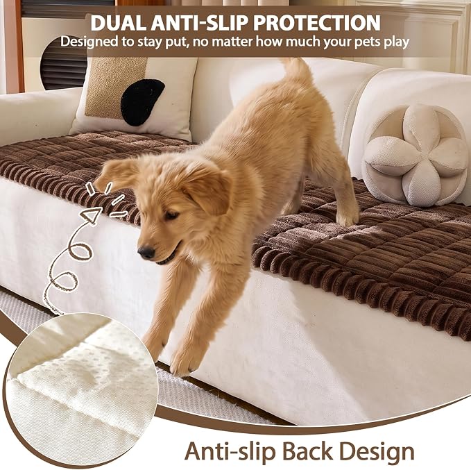 FUANGUI 2 Pack Waterproof Couch Cover for Dogs Pets Sofa Protector | Non-Slip Washable Fuzzy Soft Sofa Slipcover for 2 PCS L Shaped Sofa Pet Friendly, 27.6" x 70.9"+27.6" x 82.7", Brown
