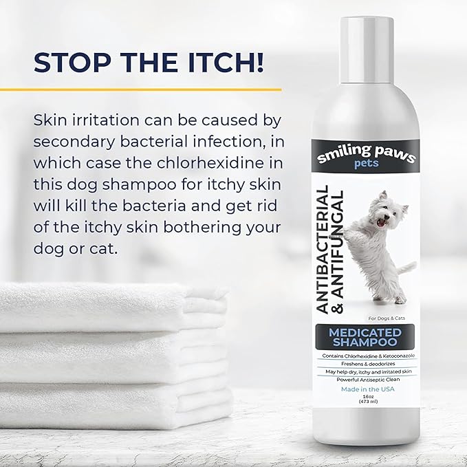 Smiling Paws Pet Medicated Shampoo for Dogs & Cats - Dog Shampoo for Smelly Dogs - Passionfruit Scent (16oz)