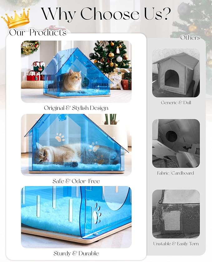 Acrylic Cat House for Indoor Cats, Transparent Cat Bed Cave with Plush Cushion & Hanging Toys, Modern Ventilated Cat Condo with Sturdy Wooden Base for Adult Cats & Kittens up to 12 lbs, Blue