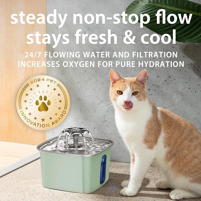 Veken Innovation Award Winner Stainless Steel Cat Water Fountain, 108oz | Automatic Pet Fountain Dog Water Dispenser with Replacement Filters & Silicone Mat for Cats, Dogs (Tea Green)