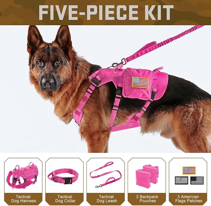 Forestpaw Pink Tactical Dog Harness for Medium Dogs,Tactical Dog Collar with Bungee Leash Set,No Pull Military Dog Harness for Walking Training,Adjustable for Medium Dogs,Chest 22-35"
