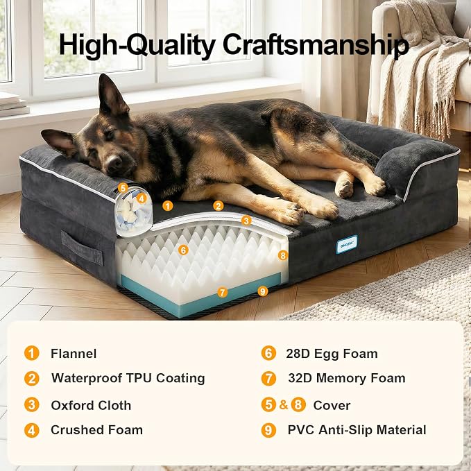 OhGeni Orthopedic Extra Large Dog Bed Couch, Memory Foam, 44-inch (Black) | Waterproof Pet Bed with Machine-Washable Removable Cover & Soft Comfortable Fabric