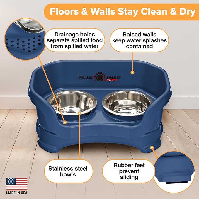 Neater Pet Brands Neater Feeder Deluxe Mess Proof Cat Bowls Elevated, Made in USA, No Spill Raised Bowls for Indoor Cats, Stainless Steel Food and Water Bowl Set, Pet Dish Feeding Station, Dark Blue