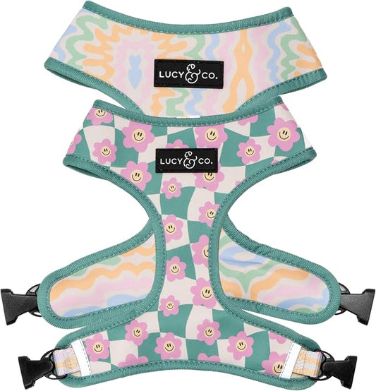 Lucy & Co. Reversible Dog Harness - Water-Repellent Neoprene, Dual-Print Design, Easy Swap Style, Adjustable Comfort Fit - Just Chill Reversible Harness - Large