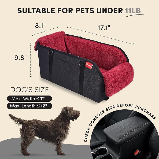 Center Console Dog Car Seat for Small Pets to 11lbs, Red | Anti-collapse armrest Console seat with washable fluffy cushion, pillow & tether for stable, cozy pet travel trips.