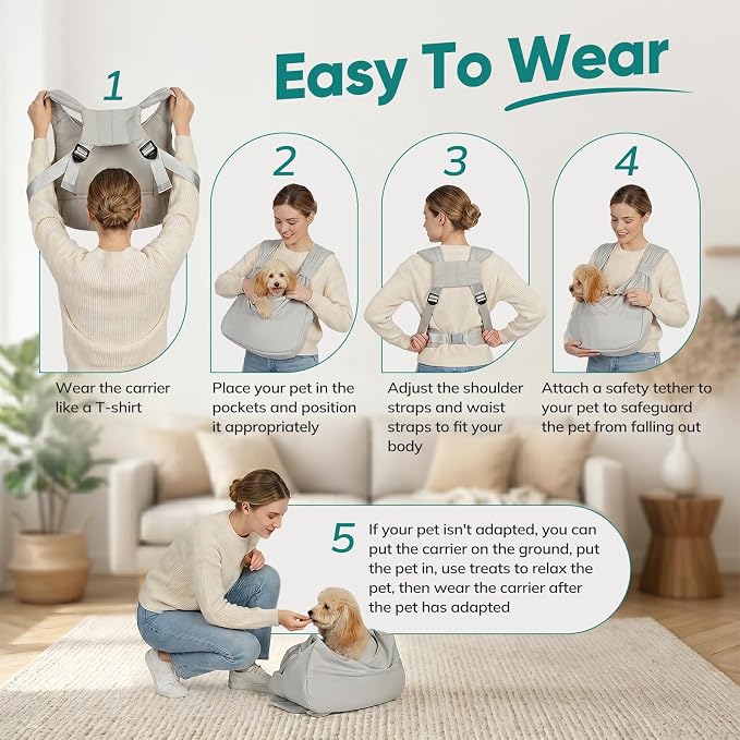 Dog Sling Carrier Front with Thicken Bottom Support for Small Dogs 5-12 lb | Adjustable, Hands Free, Comfortable Wearable, Lightweight, Vet Visits, Anxiety, Travel, Hiking, Safety Clip Grey