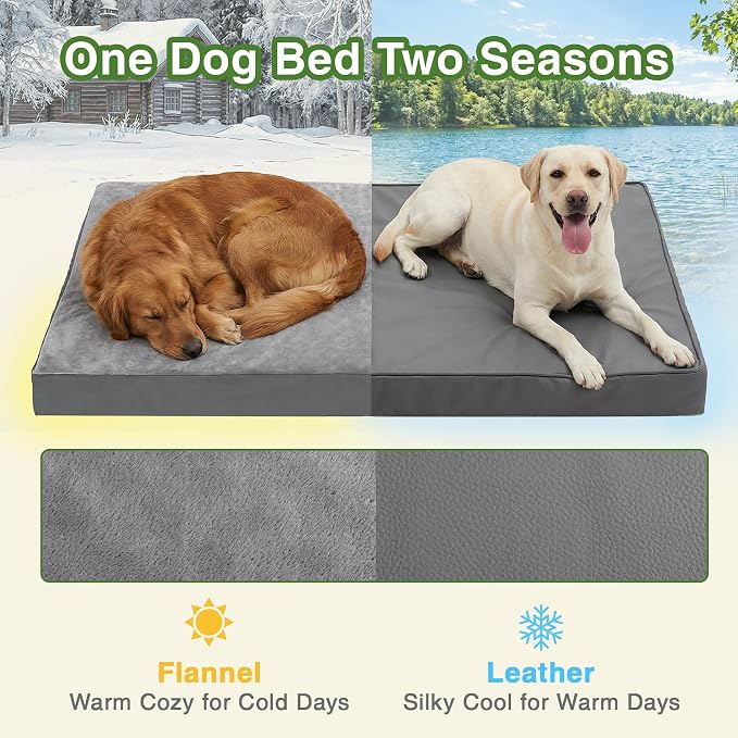 Waterproof Dog Beds Large Sized Dogs, Washable Orthopedic Pet Bed 36"x27" | Reversible Faux Leather & Flannel, Outdoor Dog Bed Foam, Durable Removable Cover, ,Anti-Slip Bottom,Gray