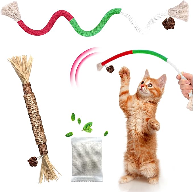GBSYU Cat Toys Chew Rope & Silvervine Sticks for Bored Indoor Adult Cats, 2Pcs Interactive Catnip Toys for Cats with Refillable Natural Catnip Bag for Teeth Cleaning