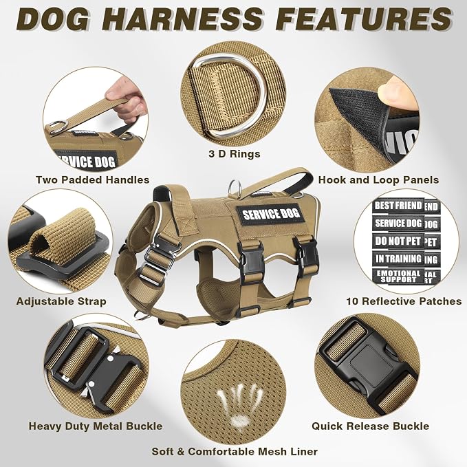 Service Dog Vest and Leash Set,Heavy Duty Tactical Dog Harness with Metal Buckles for Medium Sized Dogs,Adjustable No-Pull Dog Harness with 10 Patches for Training Working Hiking,Brown M