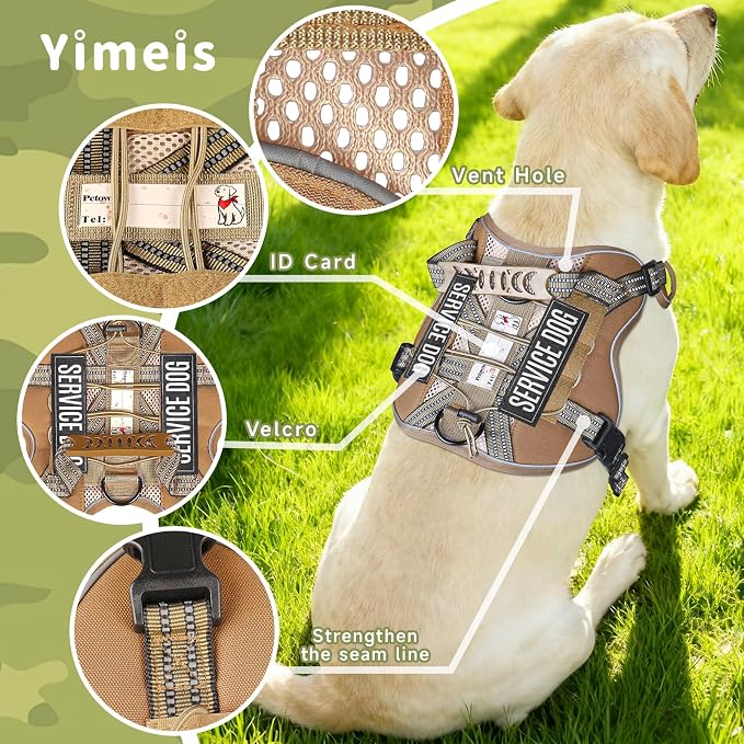 Service Dog Tactical Vest Harness and Leash Set Large Sized Dog Emotional Support- Tactical Dog Harness Training Collar with Name (Khaki, L)