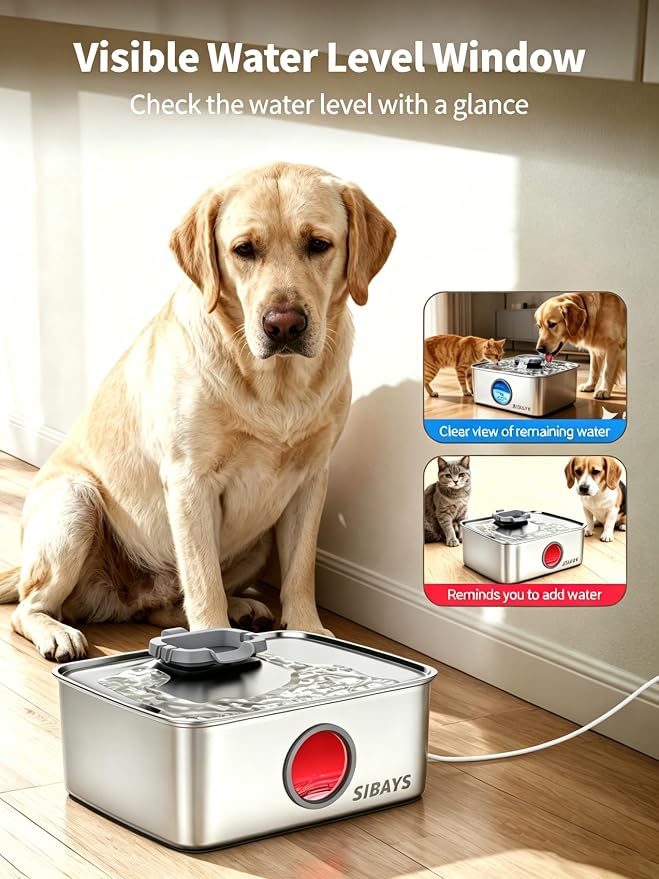 SIBAYS 4Gal/15L Dog Water Fountain, Stainless Steel Large Capacity Pet Water Fountain with Water Level LED Light, Automatic Quiet Dog Water Bowl Dispenser for Large Dogs & Multi-Pet Easy to Clean FS79