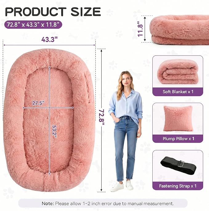 Human Dog Bed with Pillow & Blanket - 71 × 45 × 12 Inch | Oversized Pet Bed for Large Dogs, Leak-Resistant Washable Dog Couch Bed for People and Dogs Soft Long Pet Sofa Pink