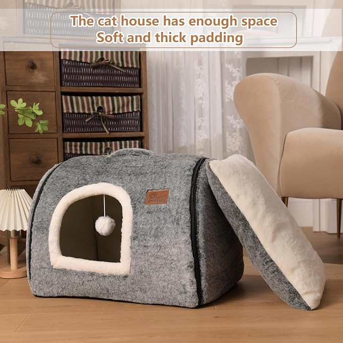 cat Bed cave-cat beds for Indoor Cats,Soft and Comfortable Cute cat Bed，cat House,with Removable Washable Cushioned Pillow,Enclosed Pet Bed,Kitten hut、Hideaway,Small Large Dog Tent (Dark Grey)