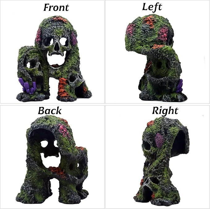 Betta Fish Tank Decorations Hideout - Triple Skull Hiding Cave for Aquarium, Resin Ornament with Artificial Moss Texture and Multiple Entrances for Shrimp, Small Fish - 7.3x4.9x6.1inch
