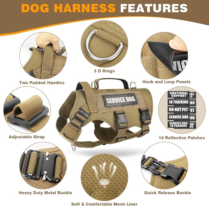 Service Dog Vest Harness for Medium Dog, Tactical Working MOLLE Vest with 10 Pet Patches, No Pull Heavy Duty Harness for Training Walking