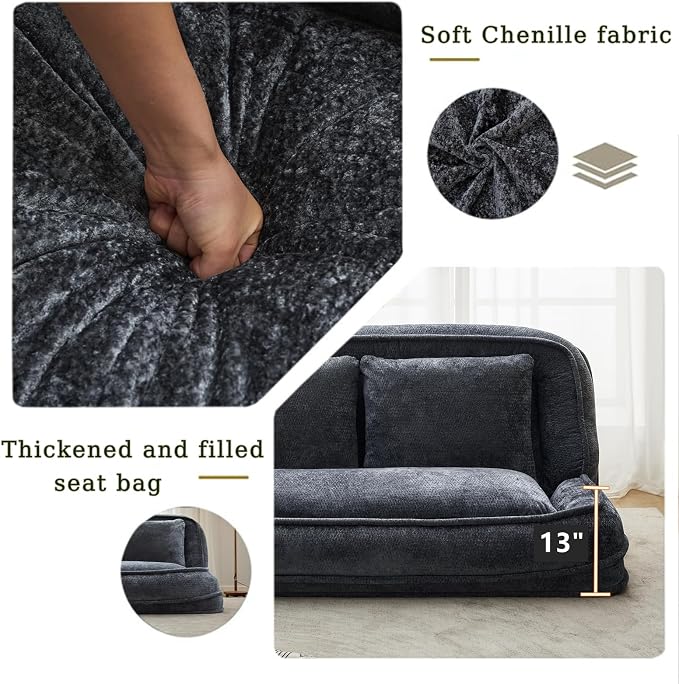 Foldable Lazy Sofa Bed, Double Human Dog Bed for Adults, Dark Gray | Skin-friendly Breathable Soft Chenille Upholstered, 5 Adjustable Backrest Positions, 3 Soft Cushions for Living Room