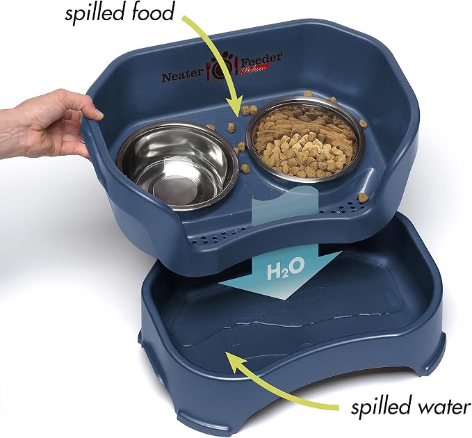 Neater Feeder Deluxe Mess-Proof Elevated Dog Bowls for Small Dogs (Up to 19 lbs), 2 Height Adjustable (6” & 7.5”) No-Spill Raised Dog Bowl Stand, Stainless Steel Food Bowl Set, Made in USA, Dark Blue