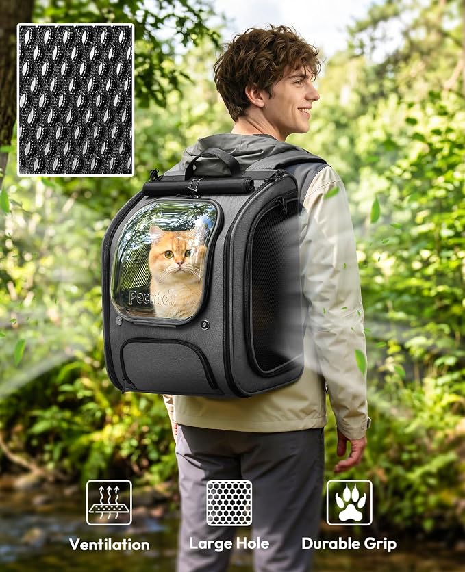 Pecute Cat Backpack Carrier,Large Space Dog Backpack,Ergonomic,Gray | Sunshade Curtain,Transparent Window,Safety Rope,Sturdy,Large Mesh on Both Sides for Breathability,Suitable for Outdoor,Vet