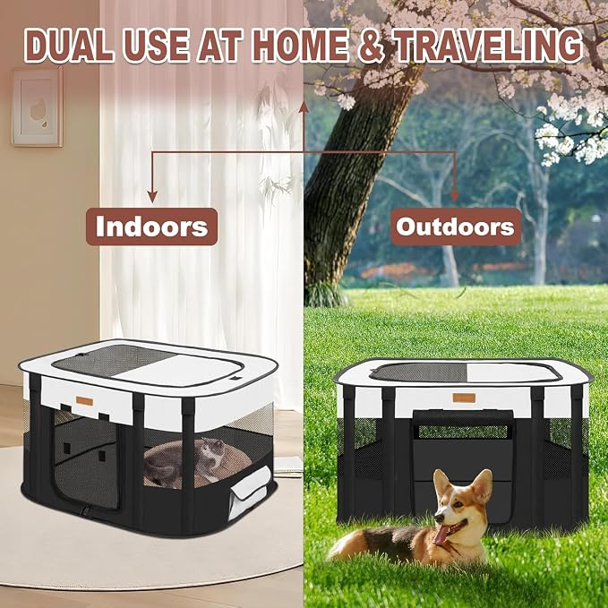 Dog Playpen - Foldable Cat Play Pens for Pubby,Kitten, Rabbit,Portable Pet Tent with Carring Bag for Indoor/Outdoor Travel Camping (Black-Large)