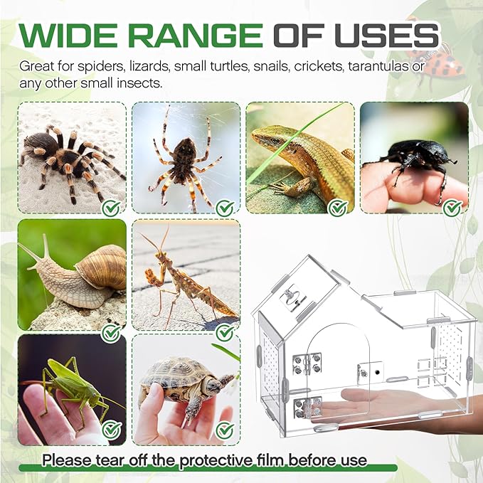 Teenyyou 9.45 x 7.3 x 4.7 Inches Extra Large Jumping Spider Enclosure Acrylic Tarantula Enclosure Reptile Habitat with Handle and Magnetic Door for Reptiles, Amphibians and Spiders