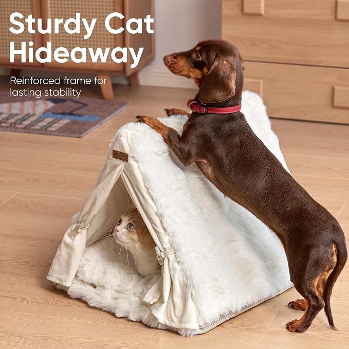 FUKUMARU Cat Cave Bed, Sturdy Frame Washable Cat Tent Bed with Curtain | Semi-Enclosed Cat Hideaway for Anxious Cats, Large Cozy Cat House for Indoor Cats, Soft Plush Covered Dog Bed, Cream