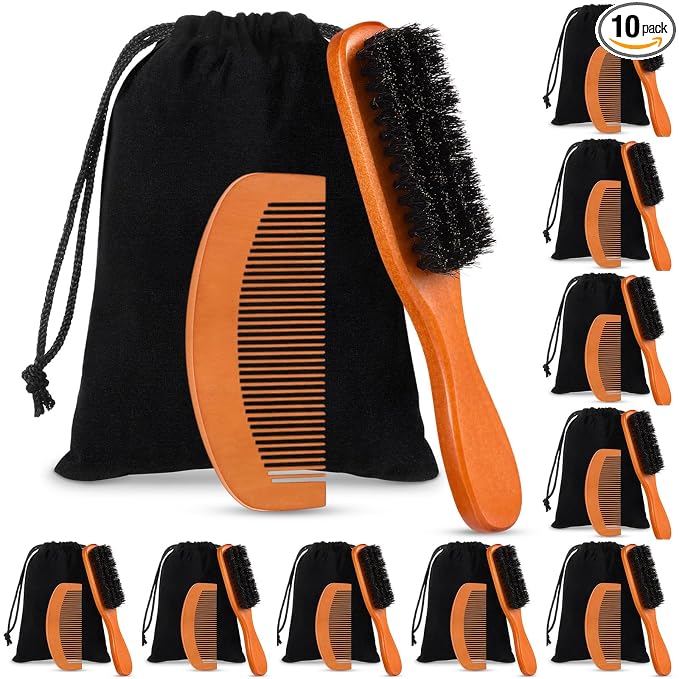 10 Sets Natural Boar Bristle Brush, Pear Wood Dual Sided Wide Tooth Comb with Travel Pouch - Beard Grooming Kit for Men's Beard Care, Valentine Gift (Long Handle)
