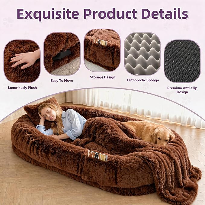 Human Dog Bed, Oversized Plush Lounger Bed with Plump Pillow and Blanket | 71" x 45" x 12" Long Plush Polyester Floor Nest for Relaxing, Napping, Reading, and Family Cuddle Time - Dark Brown
