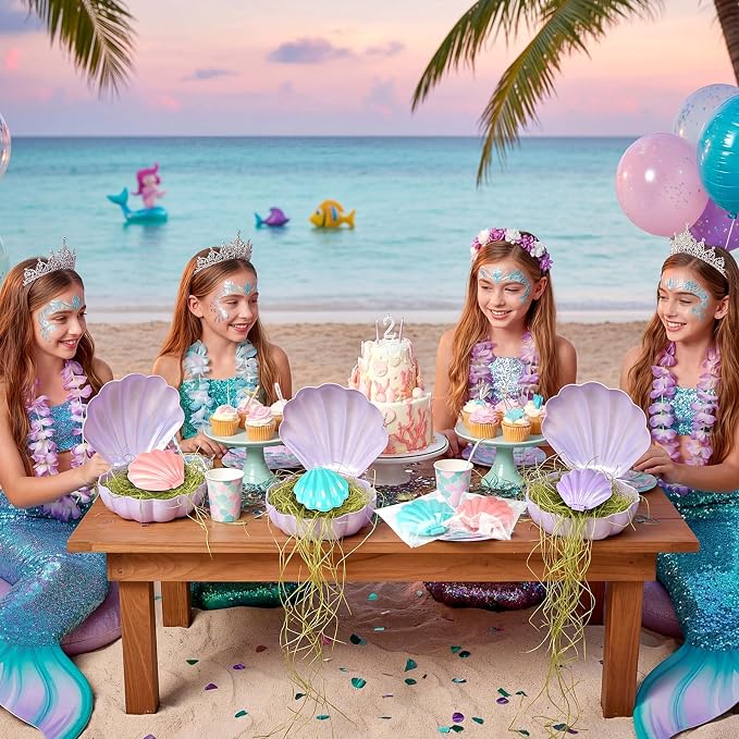 LemonRoad 24 Sets Mermaid Party Favors Shell Hair Brush with Mirror Card, Foldable Mini Travel Compact Hair Brush for Women Birthday, Bachelorette, Under The Sea, Beach Party Gifts(Pink Purple Teal)