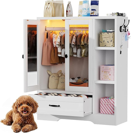 kepptory Large Pet Wardrobe Closet with LED Light, 3 Tiers Storage Shelves & Drawer, White Pet Clothes Organizer Cabinet with Hanging Rod, Multi-Functional Pet Closet for Dogs & Cats Clothing, Toys