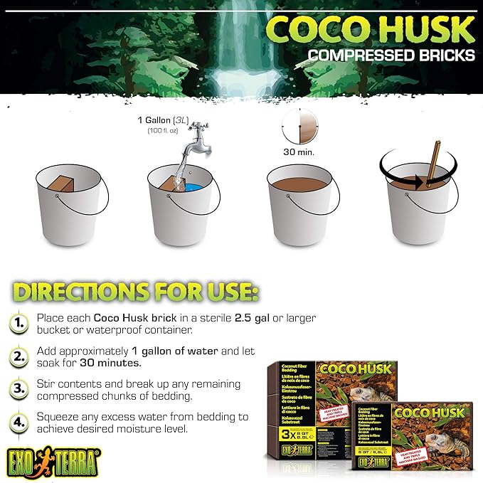 Exo Terra Coco Husk Brick, 8 QT (8.8 L) – Natural Coconut Fiber Terrarium Substrate for Reptiles, Amphibians & Tropical Enclosures