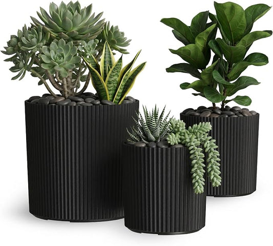 Mayne Haven Set of 3 (10in, 12in, and 14in) Fluted Planter, Round Planters for Outdoor Plants, Lightweight Concrete Look Plant Pots for Porch, Patio, Garden and Entryway Décor, Black