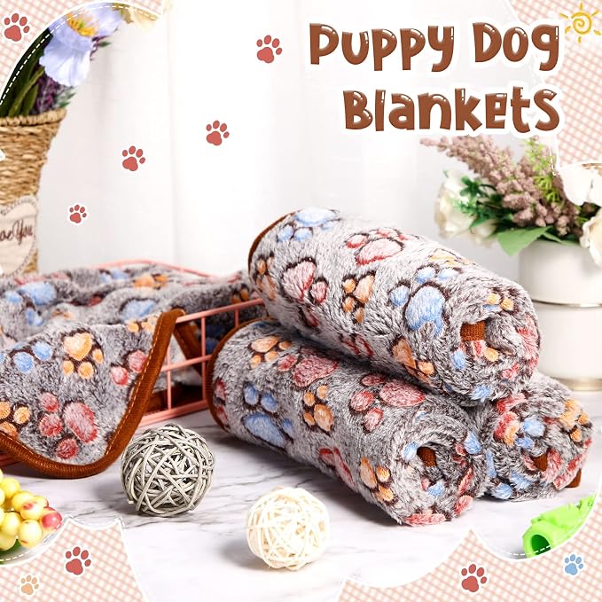 Tatuo 4 Pack Fleece Dog Blankets for Puppy Cats Multi-Size Sleep Mat for Pet Guinea Pig Soft Washable Crate Bed Puppy Teething Toys Print Pattern Warm Blanket Indoor(Black,30 x 20.5 Inch,Paw)