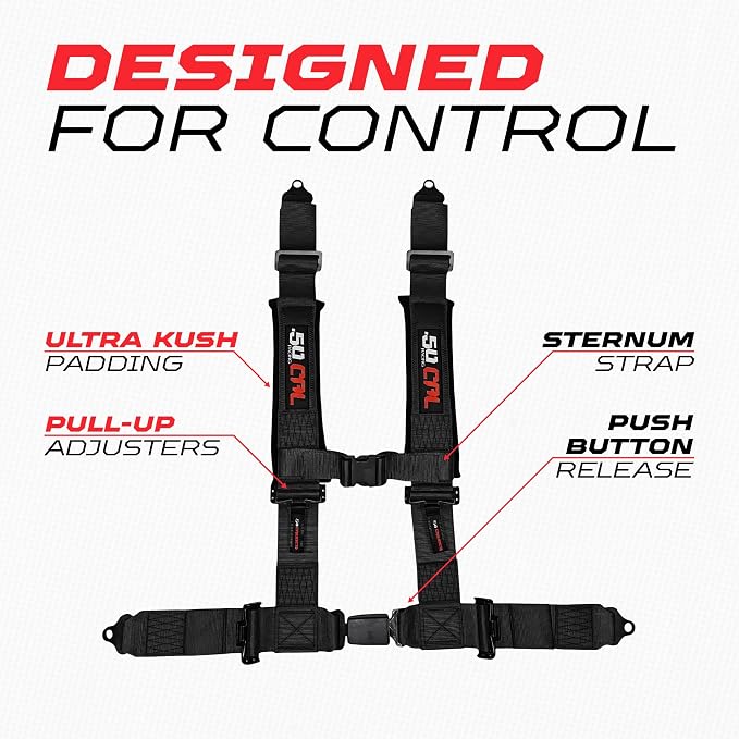 1pc 50 Cal Black 4 Point Harness 2in Straps, Racing Harness Seat Belt | Ultra Kush padding, Push Button quick release hardware. Universal Fit for UTV, RZR, race car.