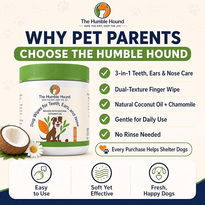 3-in-1 Dog Dental Wipes – Finger Wipes for Teeth, Ears & Snout Infused with Coconut Oil | Promotes Fresh Breath, Tartar Control & Daily Hygiene | Gentle Grooming Wipes for All Dogs – 50 Count