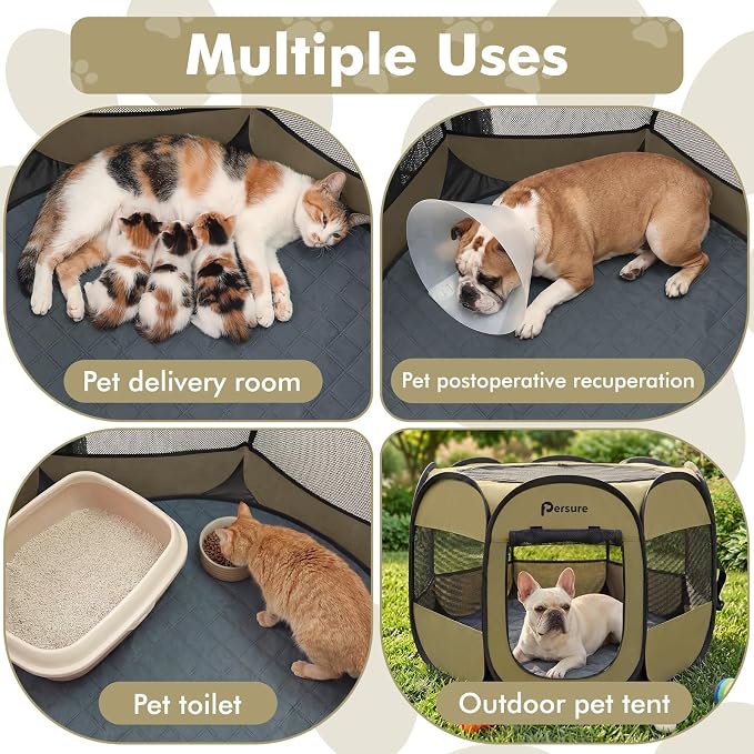 Persure Dog Cat Pet Playpen Puppy Crate Cage for Indoor Outdoor Travel | Nursing Rest Zone Recovering Pet Quarantine Room Portable Pop Up Easy to Set up lightweight Bag(Khaki with Pad, Medium)