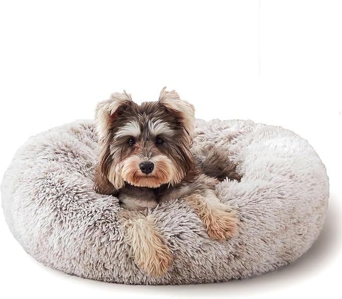Western Home Calming Donut Cat Bed Small Dog Bed Washable,20" White Khaki | Fluffy Faux Fur Round Cuddler,Anti-Anxiety,Anti-Slip Bottom,Self-Warming Pet Bed for Small Dog&Kitten&Puppy,Up to 12 LBS