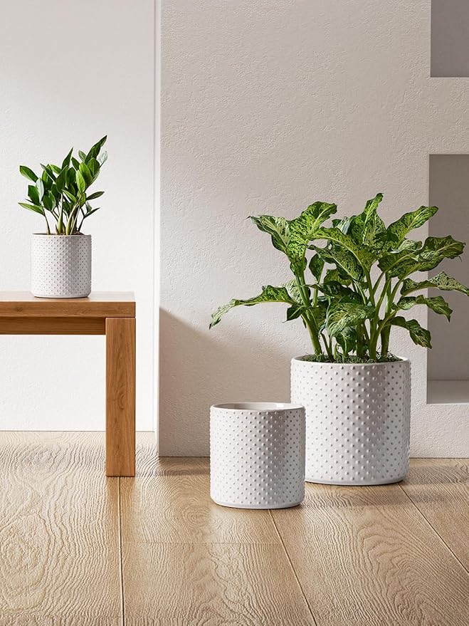 LE TAUCI 10+8+6 Inch Ceramic Pots for Plants, Indoor Planters with Drainage Hole and Plug, Raised Dots Cylinder Flower Pots Set of 3 for Living Room and Bedroom, Glossy, Arctic White
