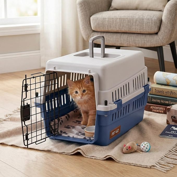 Hard-Sided Pet Carrier for Cats and Small Dogs, 20" Sturdy Travel Kennel with Secure Wire Door & 360° Ventilation, Portable Plastic Crate for Vet Visits & Car Travel (Blue/Grey)