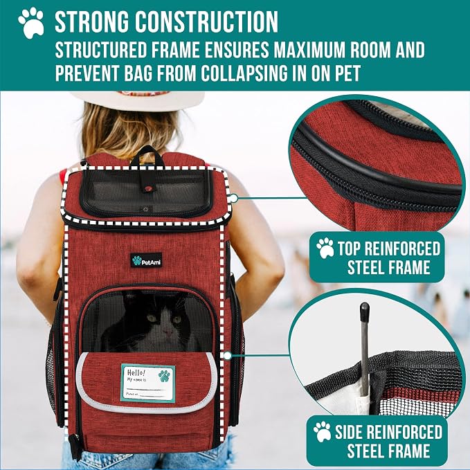 PetAmi Dog Backpack Carrier, Airline Approved 4-Way Entry Cat Backpack Carrier, Ventilated Mesh, Collapsible Pet Carrier for Small Puppy, Kitten, Hiking, Travel Car, Vet, up to 18 lbs, Red