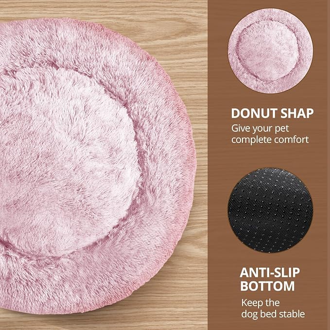 JOLLYVOGUE Calming Dog Bed Medium Size Dog, Anti-Anxiety Donut Medium Pet Bed, 27 inches Fluffy Faux Fur Round Cat Bed (Smoke Pink)