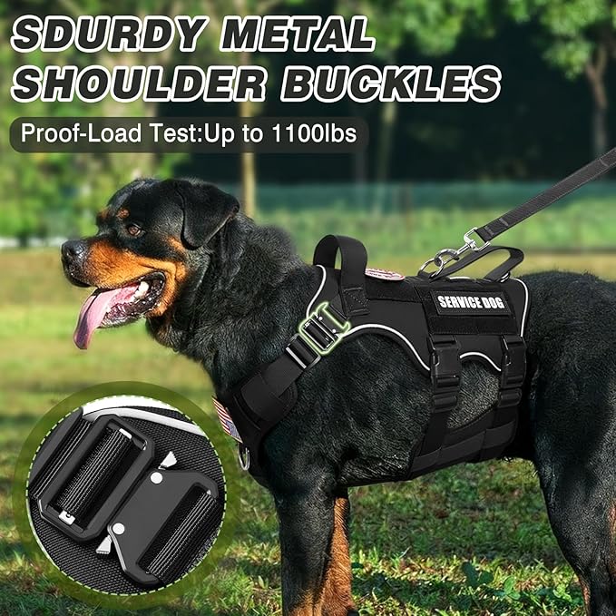Tactical Service Dog Vest and Leash Set,Heavy Duty Harness with Metal Buckles for Large Dogs,Adjustable No Pull Pet Vest with 10 Patches,for Training Working Hiking,Black L