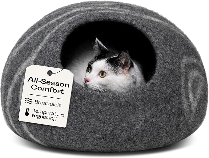 Cat Cave – Premium Felt Cat Bed Bed Enclosure for Indoor Cats, Handmade Merino Wool (Dark Grey, Medium)