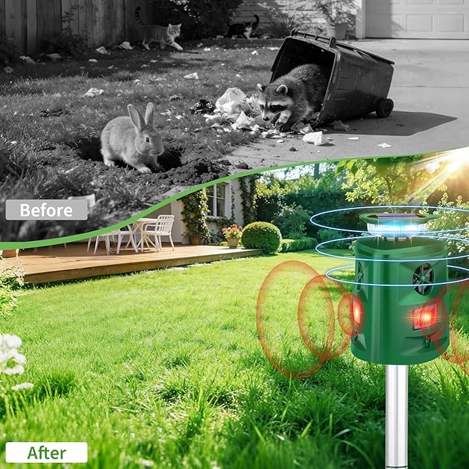 Solar Ultrasonic Squirrel Deer Repellent,Cat Repellent Outdoor,360 ° Solar Animal Repellent with Waterproof IP66 Motion Detection,Skunk Dog Raccoon Repellent Devices for Yard Garden Lawn Outdoor-Olive
