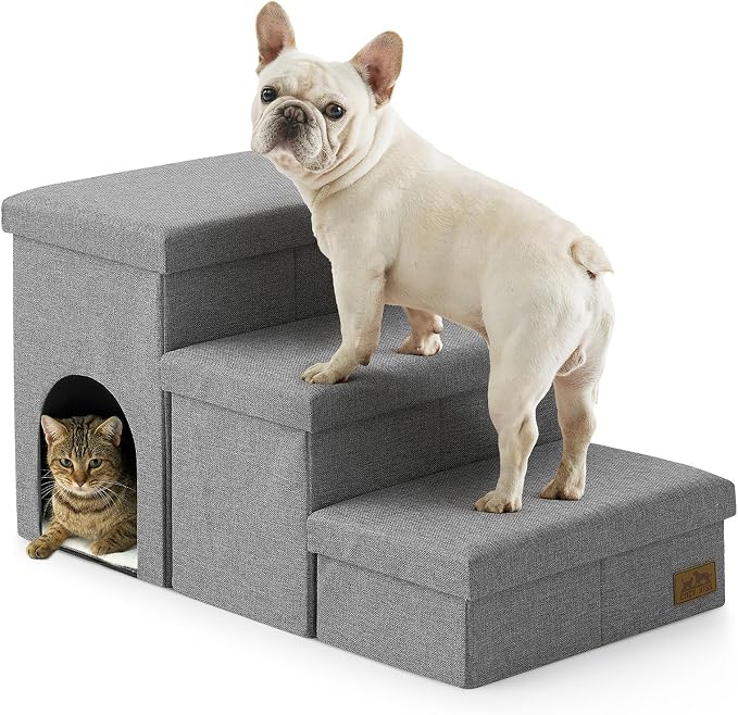Dog Stairs with Storage, 3-Step Wider Sturdy Dog Steps for Small/Medium/Large Dogs and Older Cats, Doggie Ramp with Condo for Bed/Couch/Car Hold Up to 180 lbs (17.7" H, Grey)