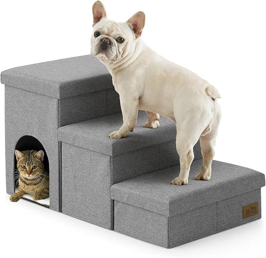 Dog Stairs with Storage, 3-Step Wider Sturdy Dog Steps for Small/Medium/Large Dogs and Older Cats, Doggie Ramp with Condo for Bed/Couch/Car Hold Up to 180 lbs (17.7" H, Grey)