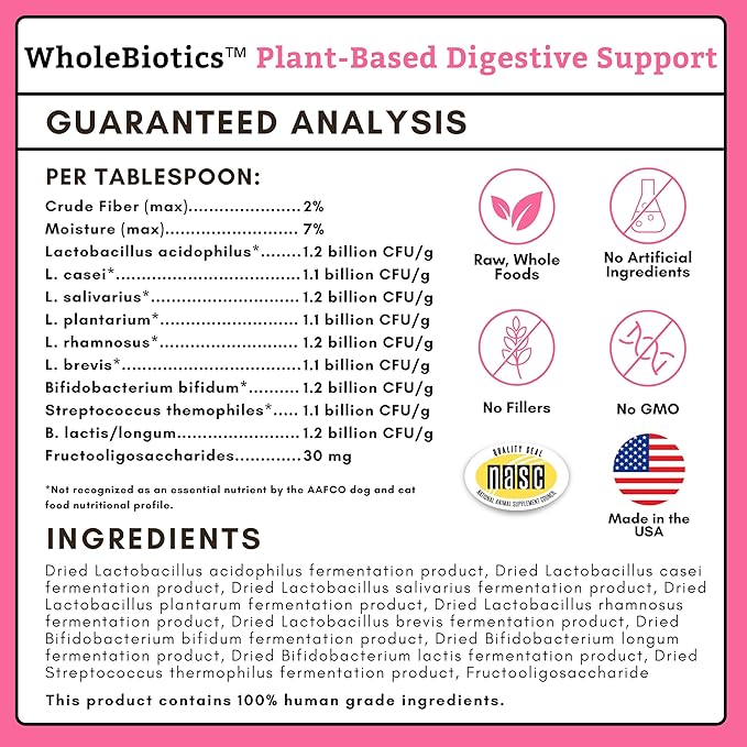 Wholistic Pet Organics WholeBiotics - Daily Dog Probiotics for Digestive Health Support & Immune Boost - 9 Strains - Prebiotics & Probiotics for Dogs & Cats - Gut Health for Dogs - 1 Oz - 28 Scoops