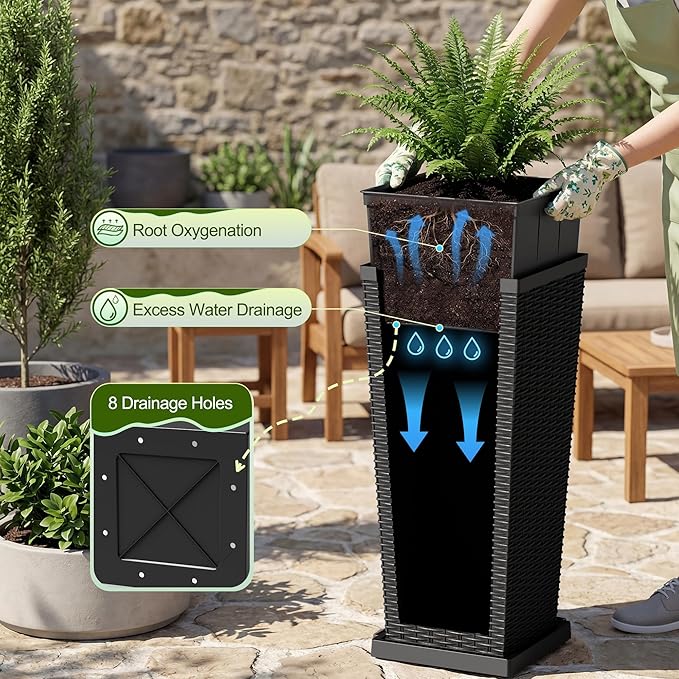 Devoko Resin Tall Planters for Outdoor Plants Set of 2, Large Taper Outdoor Planter Pots with 4 Drainage Holes, Flower Pots Modern Decor for Porch, Patio, Backyard, Garden(Black, 30'' with Trays)